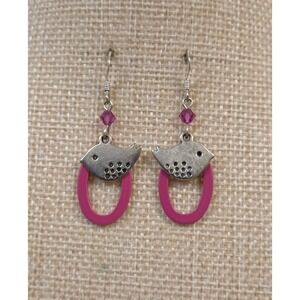 Retro Sterling Silver Love Birds Pink Hoop Dangle Earrings 925
